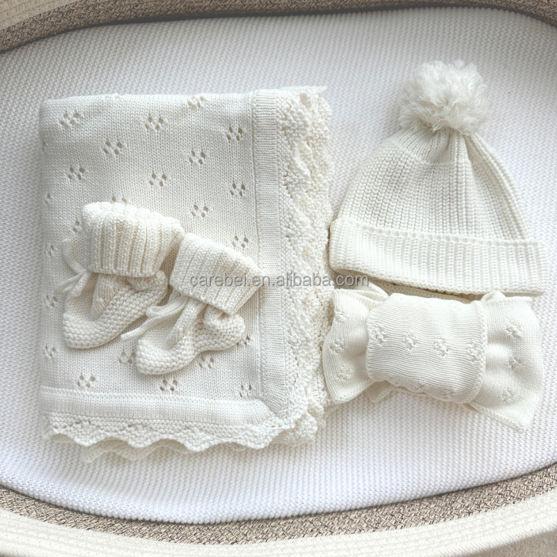 4pcs set newborn baby shower gift knitwear bow boots hat pointelle blankets popular knitted cotton headband slippers beanie hat