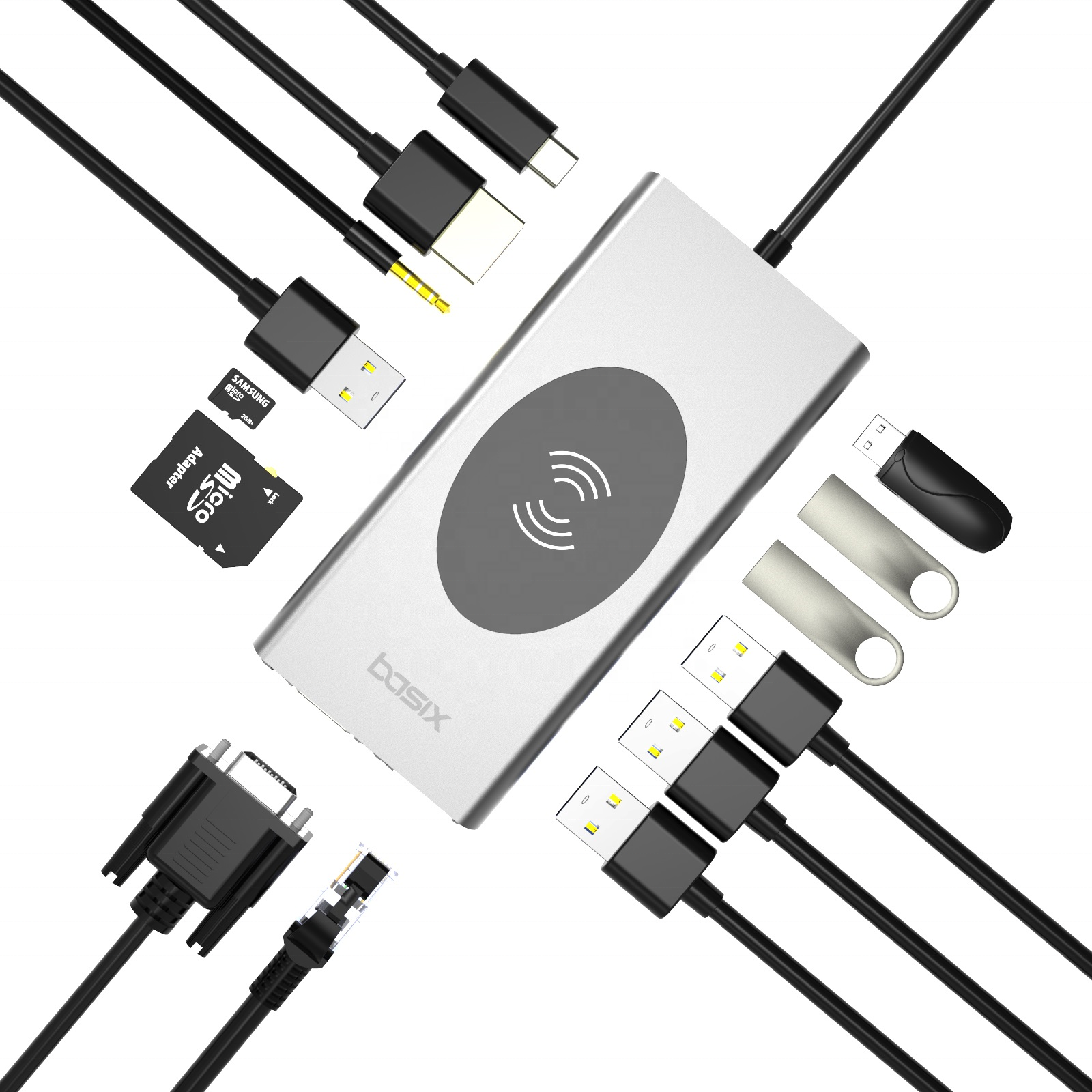 Док-станция BASIX с USB C Hub док-станцией 4K HD-MI, VGA, RJ45 Ethernet, 100 Вт PD, кардридер SD/TF, аудио 3,5 мм