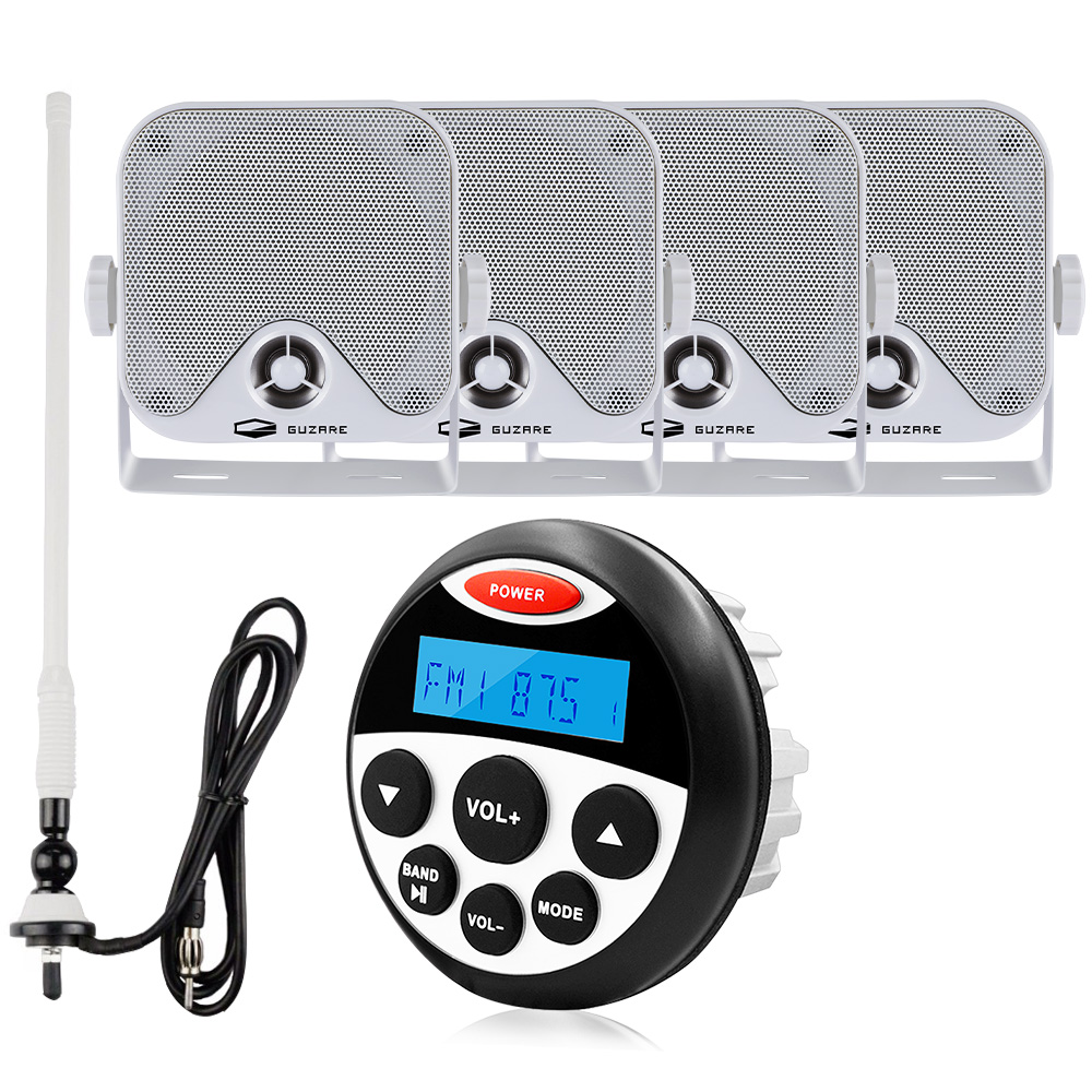Marine RadioWaterproof BT Stereo Digital Media Audio Player+ 2 pairs 4 inch Marine Box Stereo Speakers +FM AM Rubber Antenna