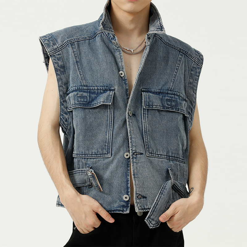 Summer trendy retro denim waistcoat breathable cotton men's cowboy workwear vest with big pockets