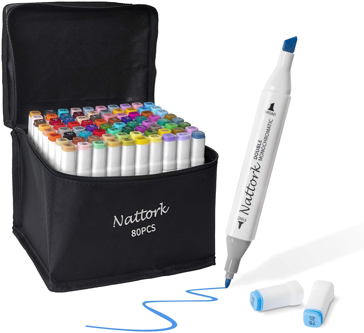 80colors Alcohol Markers,Color Dual Tip (Fine & Broad) Art MarkersComes w/ 1 Hook Line Pen, 1 Colorless Pen and Thick Packing