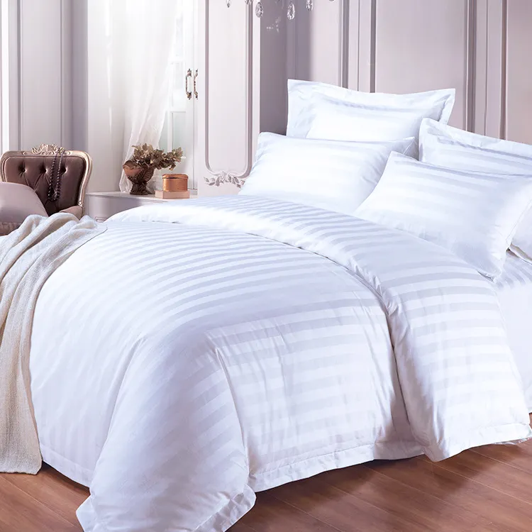 Wholesale Hotel Linen 250TC White Duvet Cover Fitted Bed Sheet Set 3cm Stripe 100% Cotton Bedding Set