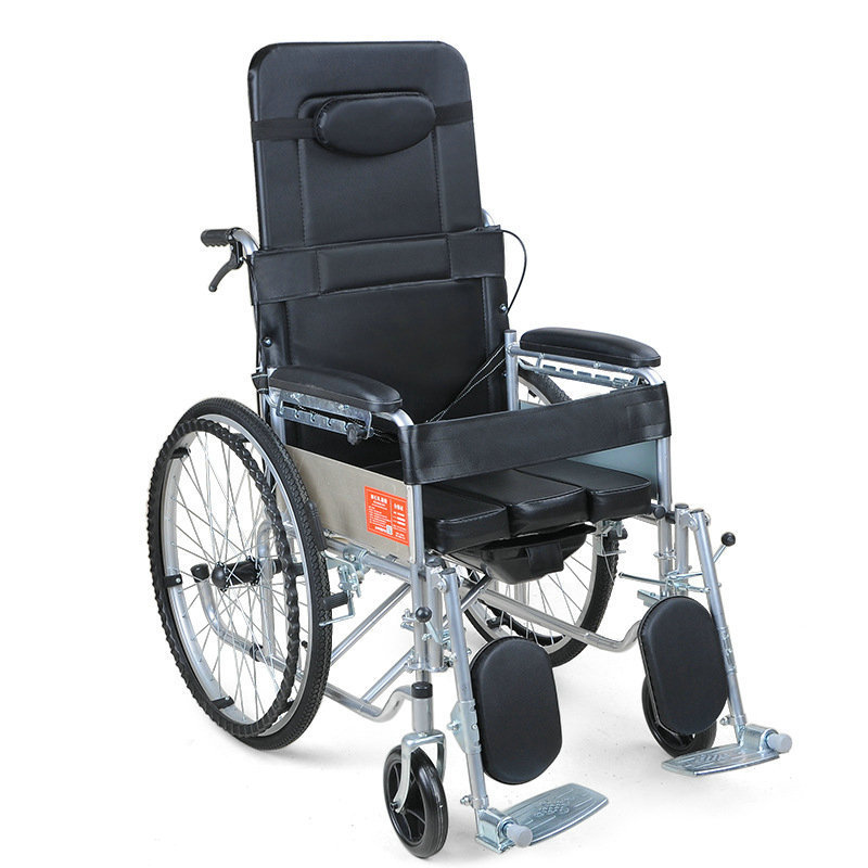 Lying Flat Wheelchair with Imitation leather Thickened Steel Pipe Foldable and Portable With Toilet Wheelchair for Commuting