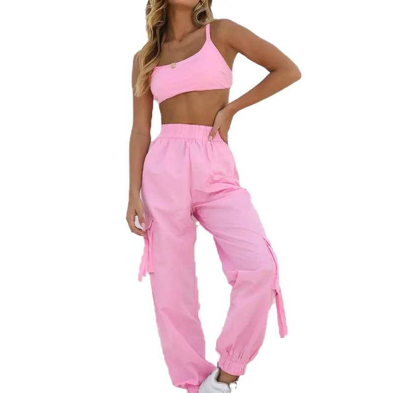 summer women's plus size pink fluffy 2 piece set women clothing top and cargo pants sets for girls