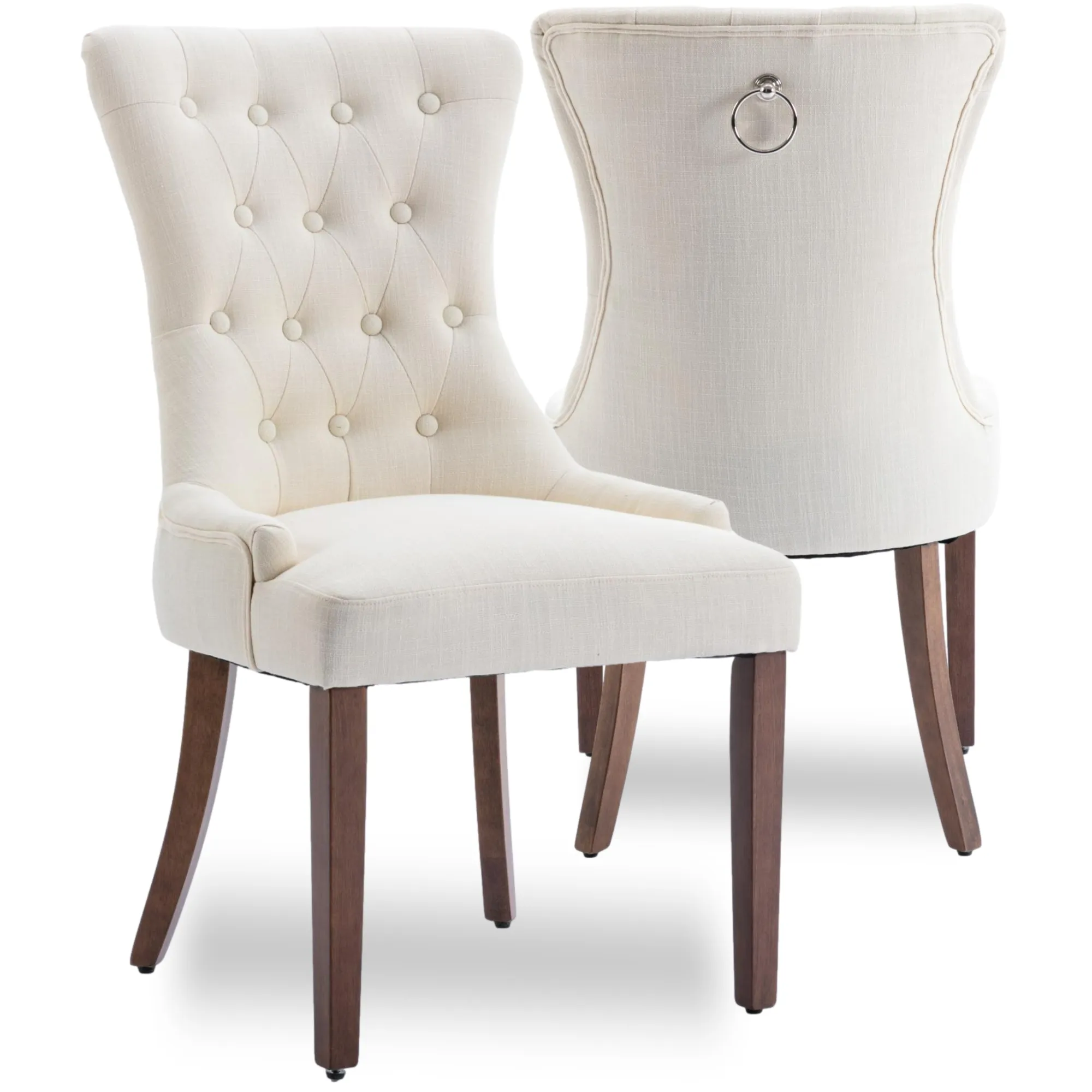 Exquisite Beige Linen Upholstered Tufted Back Solid Wood Legs Kitchen Dining Chair