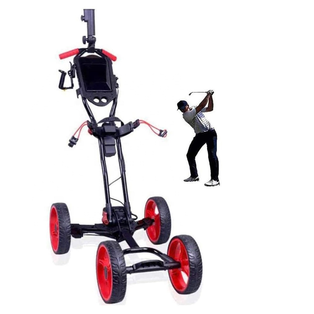 4 Wheel Push Pull Folding lithium Foldable Electric Golf Trolley Cart with Scoreboard Stand and Umbrella Holder for Golf Lovers