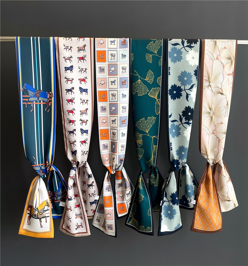 Spring Summer Satin Long Hair Tie Bag Wrist Scarf For Women Hair Accessory New Print Bag Ribbons Head Scarf Neckerchief