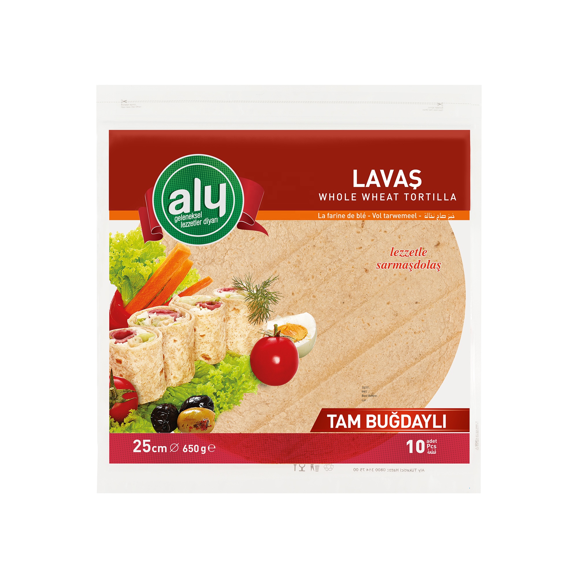 Tortilla 25 см 10 штук цельная пшеничная мука оригинальный бренд Aly замковый мешок 650 гр (12 упаковок в одной коробке)
