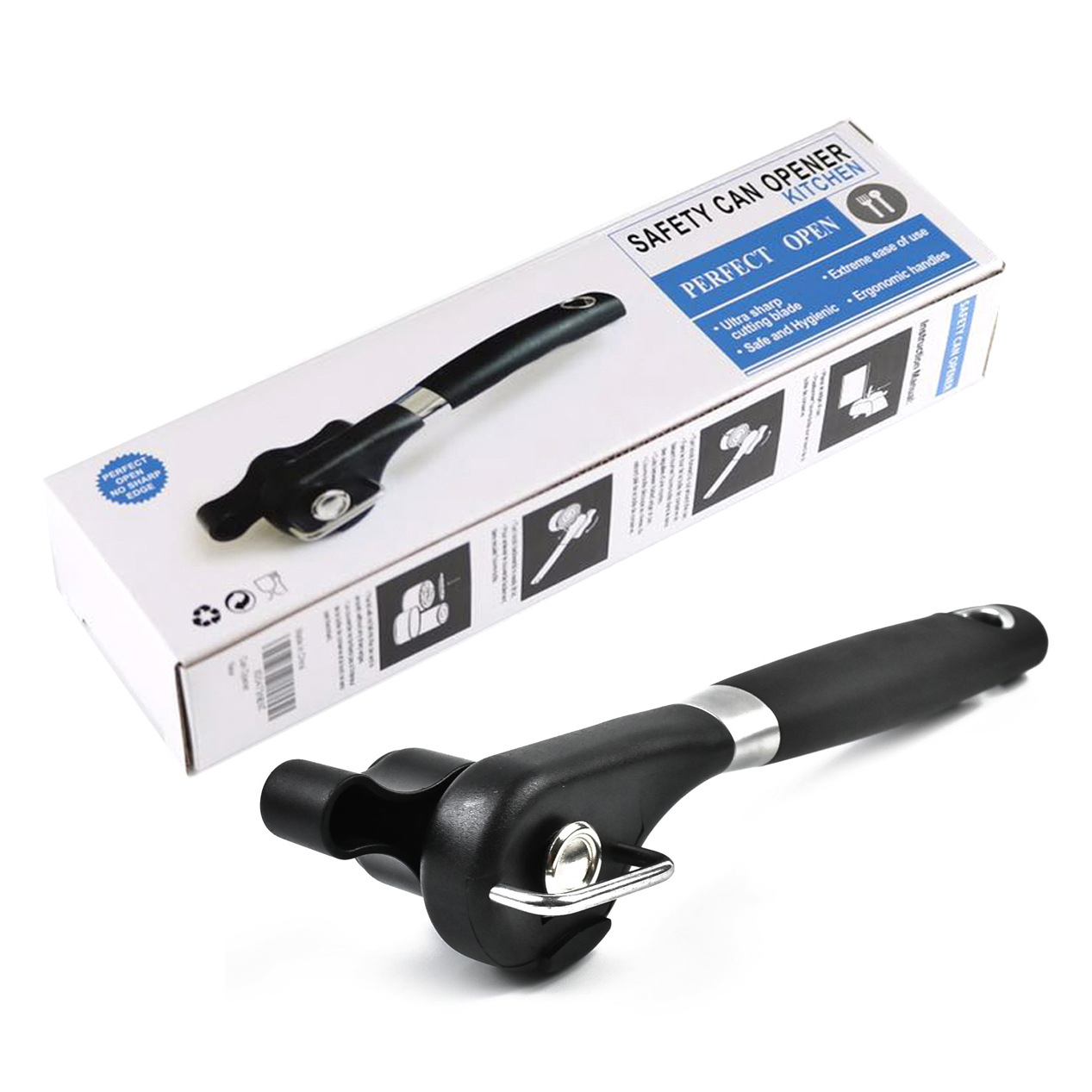 EE084 Kitchen Stainless Steel Handheld Can Opener Ergonomic Smooth Edge Anti Slip Handles Safety Manual Jar Opener