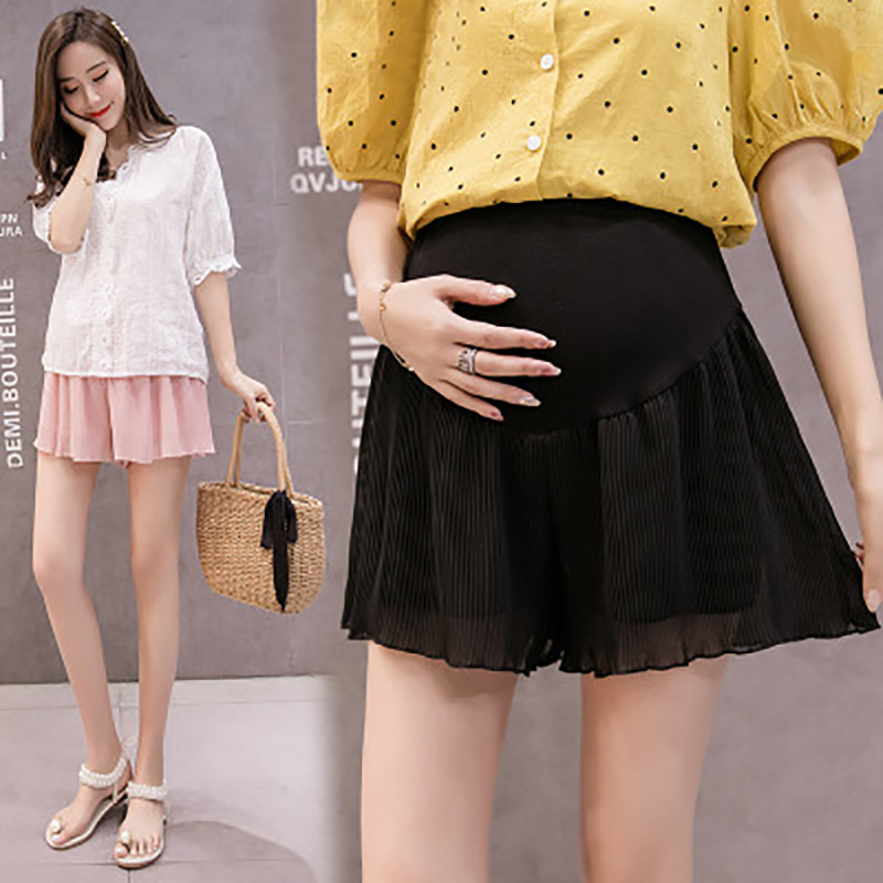 New Summer Wide Leg Pleated Chiffon Loose Maternity Shorts Summer Sweet Hot Shorts for Pregnant Women Adjustable Shorts