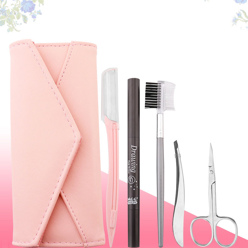 5 in 1 Eyebrow Trimmer Razor Tweezers Scissors Brush Pencil Stencil Set Beauty Makeup Tools Eyebrow Grooming Kit with PU Bag