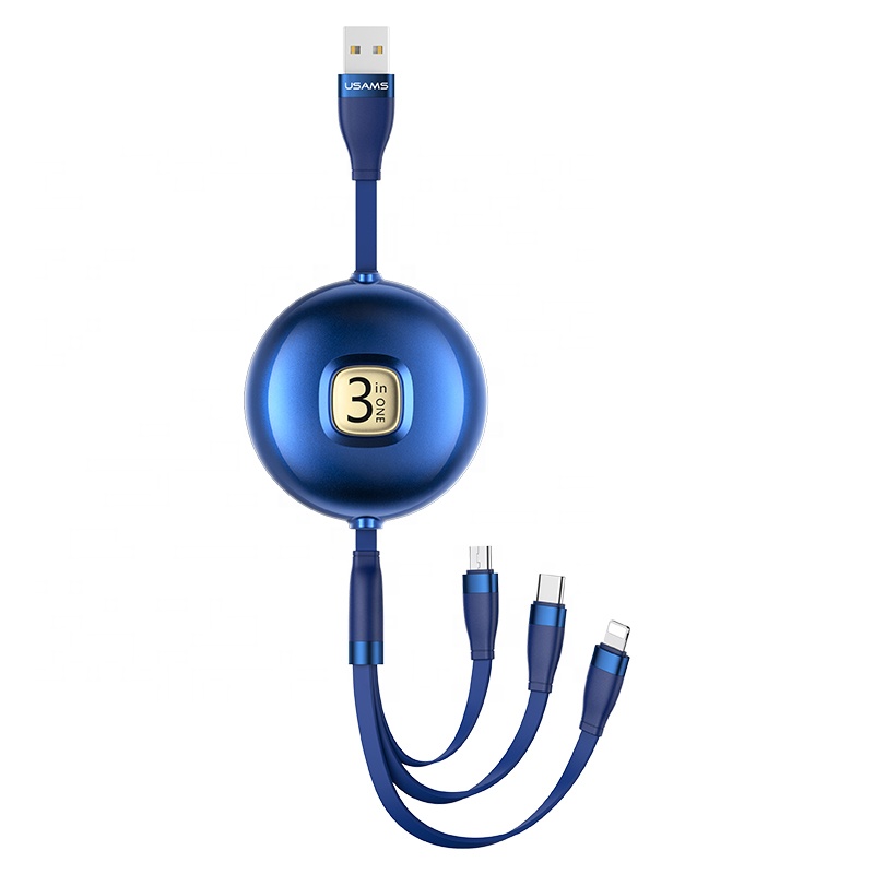 USAMS 3 in 1 USB Micro Type C Retractable Quick Charging Mobile Phone Flex Data Cable for iPhone