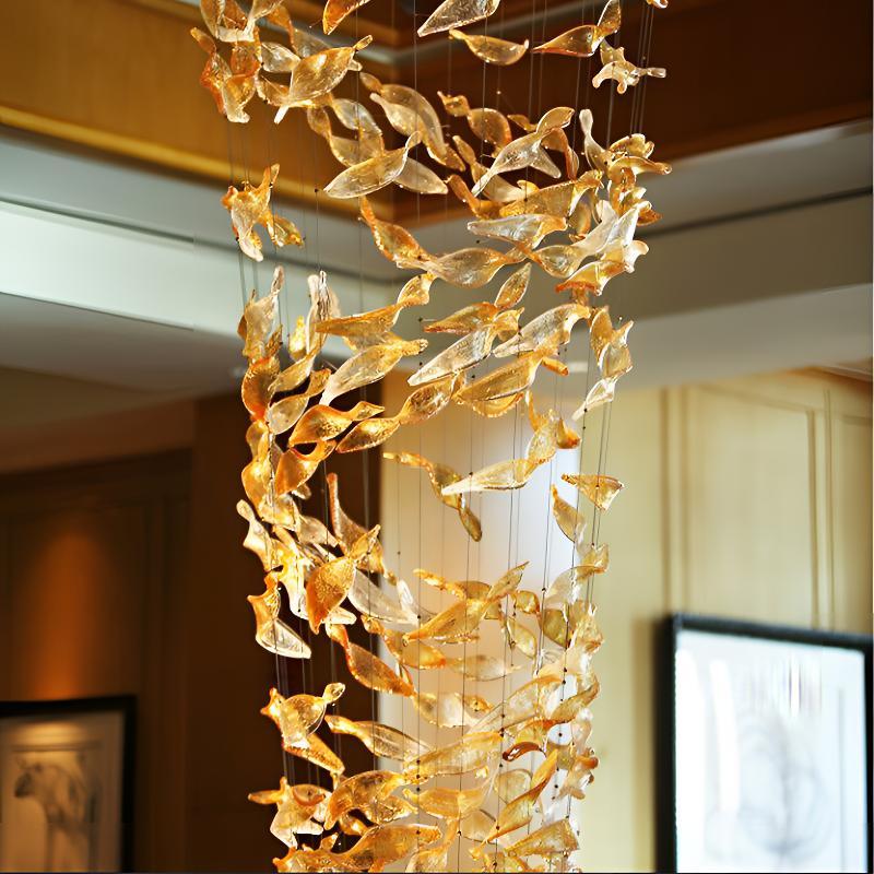 Custom High Ceiling Lighting Long Chandelier Creative Glass Feather Pendant Light Villa Stair Hanging Chandelier Lamp