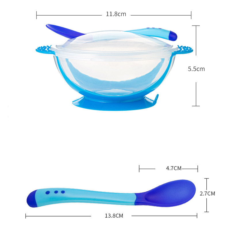 Cheap Binaural suction wall bowl Silicone tableware Temperature spoon baby bowl set with temperature sensing spoon