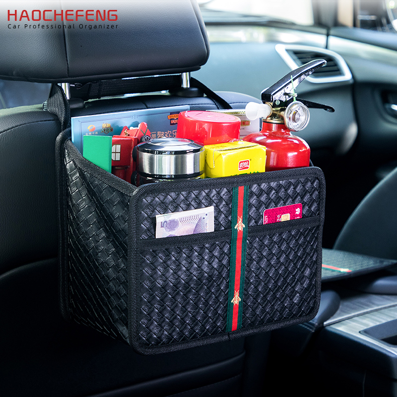 Guagnzhou Facotry Foldable Car Garbage Can Car Waste Basket Multifuntional Weave Pu Leather and Oxford Clothes Car