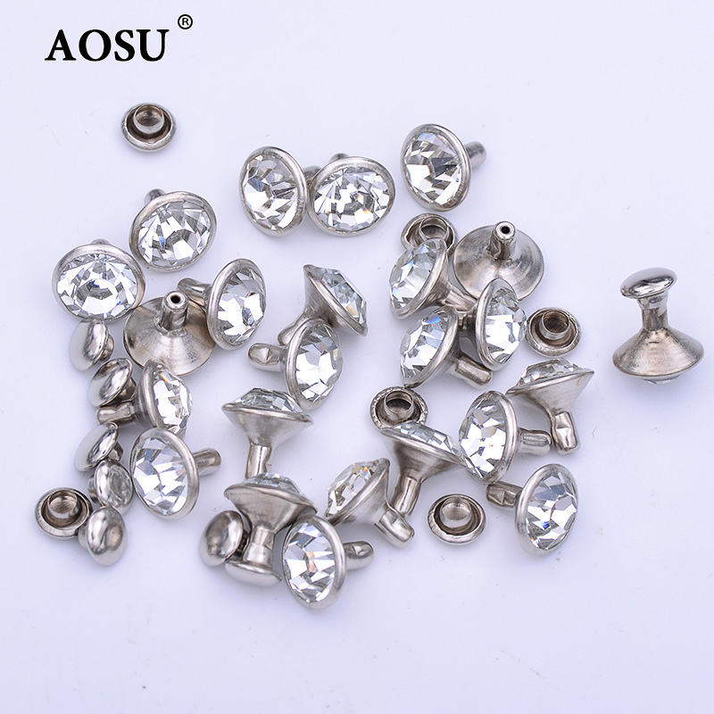 AOSU Wholesale 10mm Silve r Gold Color Meta l Spikes Brass Studs Spikes Glass Rhinestones Rivets For Leather DIY Crafts