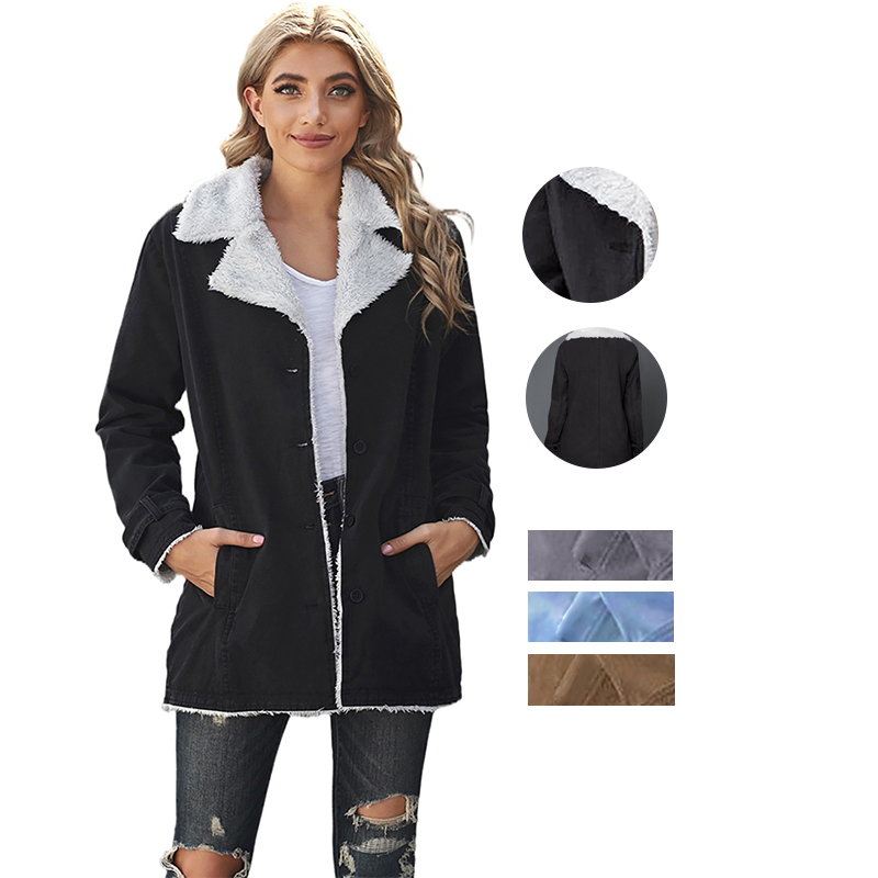 Fall Winter New Style Women's Wadded Jacket Lapel Collar All Denim Wool Warm Pocket Cotton Winter Coat