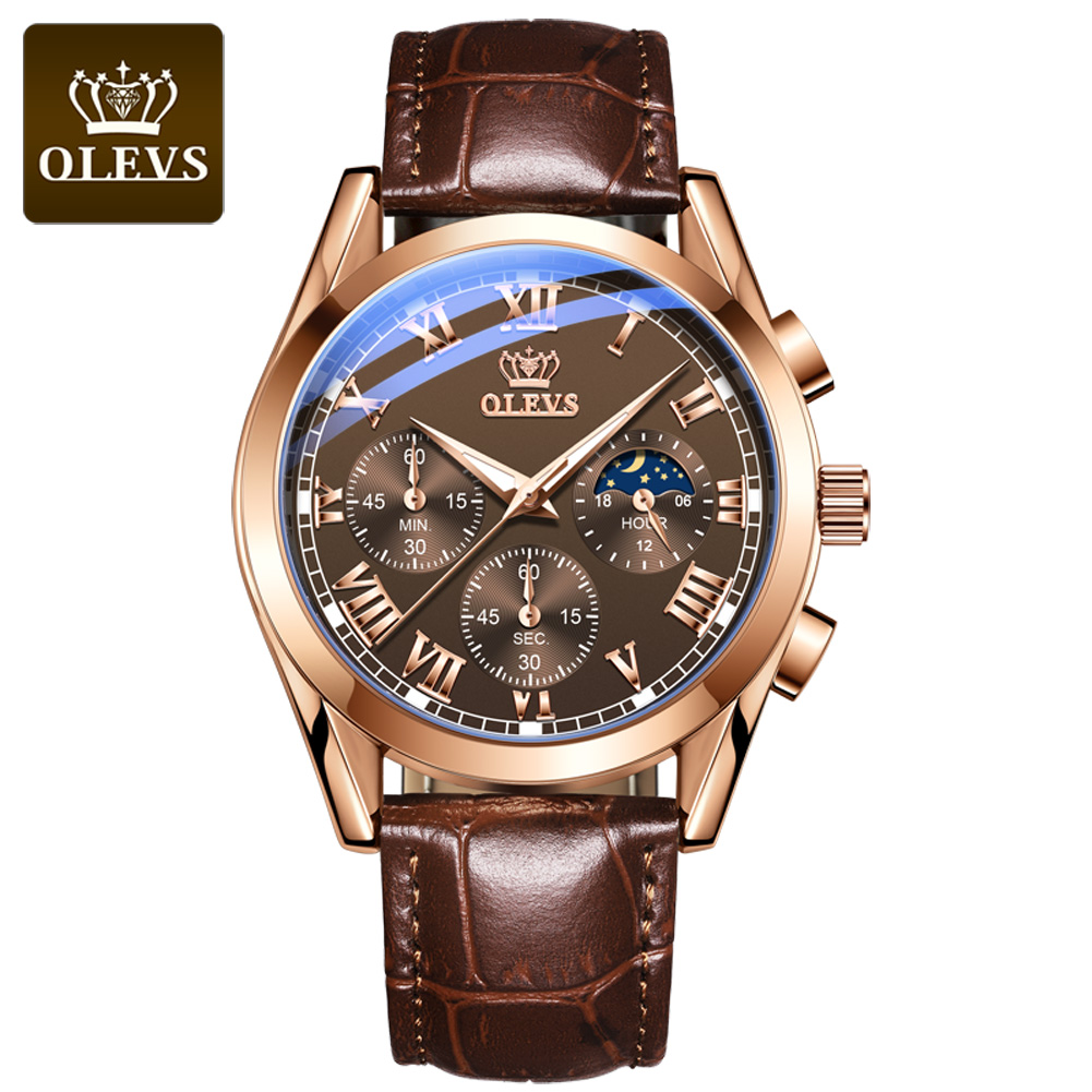 OLEVS 2871 fashion Brown man quartz watch best PU leather band waterproofing Multi function elderly sports watch design