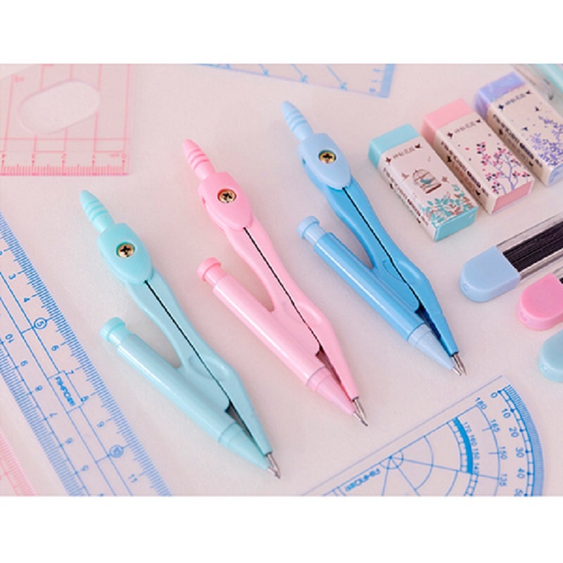 8Pcs Set Plastic + Metal Geometry Protractor Drawing School Eraser Compasses Set Math Eraser Ruler for Students High Quality