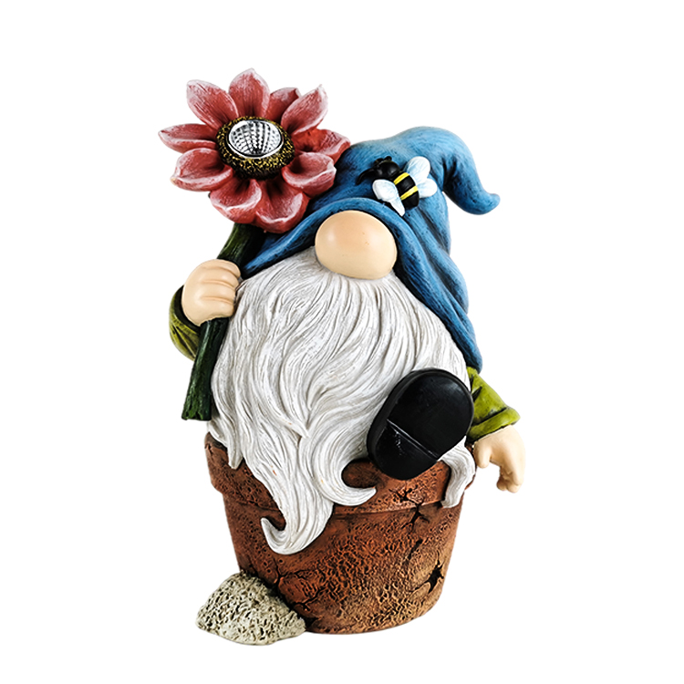 Newest Resin Gnome Crafts Cartoon Character White Beard Grandpa With Flower Solar Lights Outdoor Garden Decorative