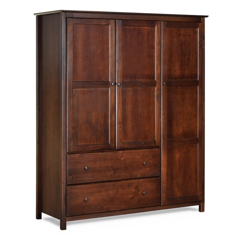 Retro Style Furniture Brown Three-door Wardrobe with Drawers Large Space Suitable for Bedroom