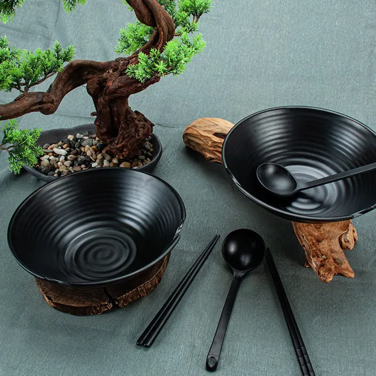 JQY 9 inch chipped gapped Japanese matte black melamine udon bowl set restaurant serving bowl ramen bowl sets