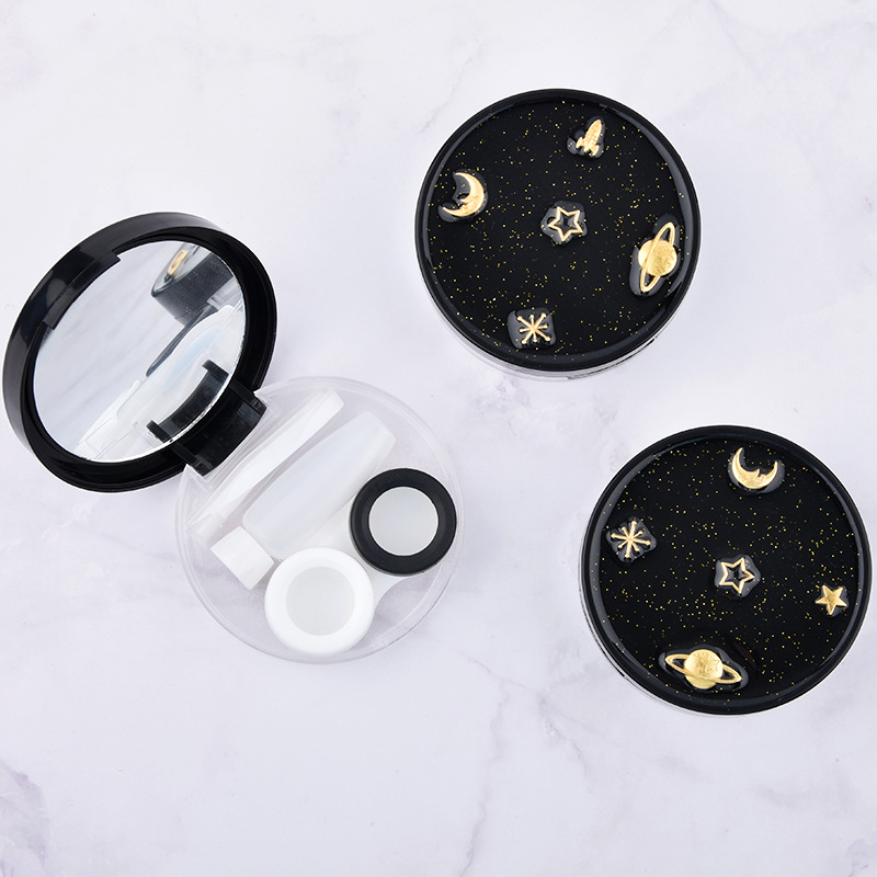Round Rocket Ribbon Stars Space Black with Mirror Contact Lens Case for Women Kit Container Contact Lenses Boxes Custom
