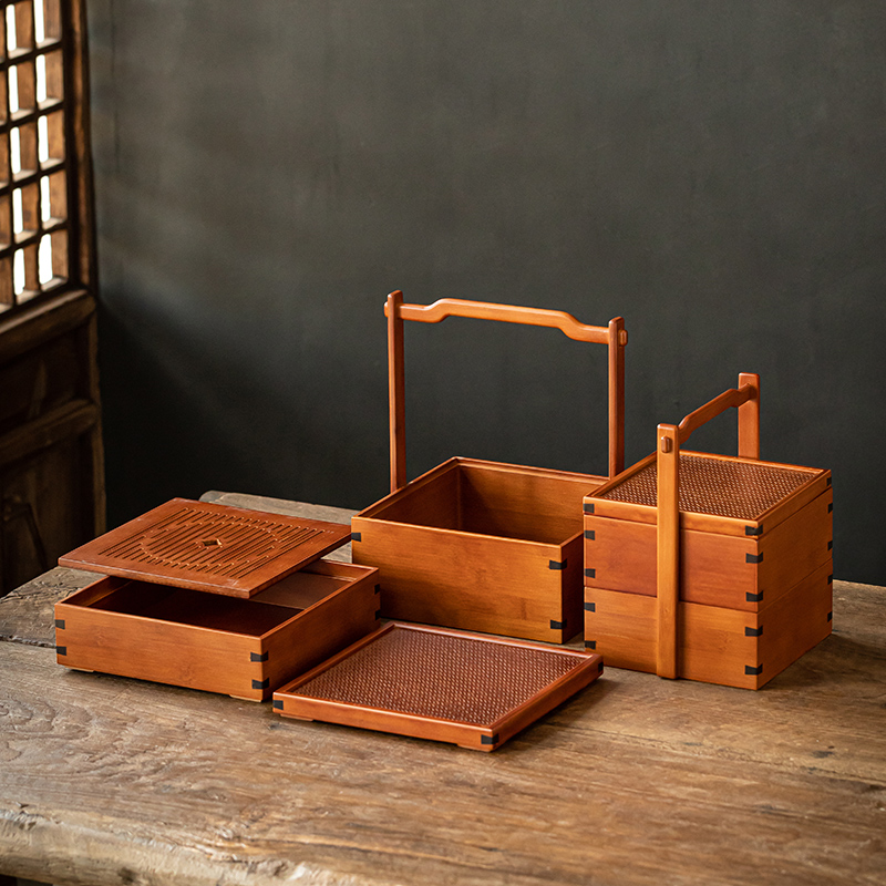 Chinese Style Retro Bamboo Food Box Bamboo Tea Set Multi-layer Storage Box Picnic Double-layer Small Basket Refreshment