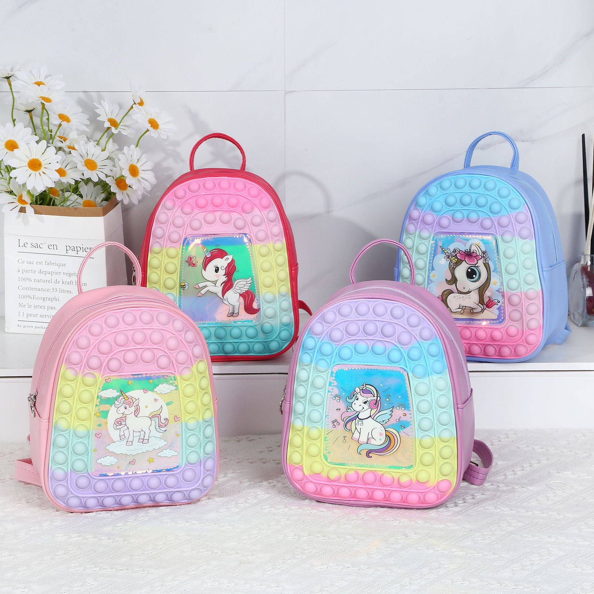 Unicorn Pop Its Backpack для детей, декомпрессионные сумки для игрушек, школьная сумка с прессом, силикон, подарок для девочки, горячий