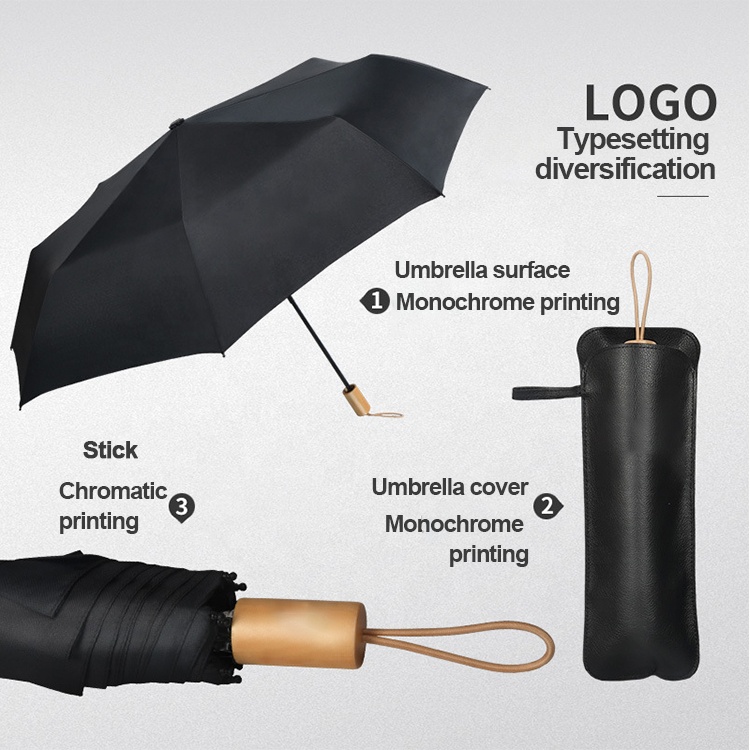 Simple plain color wind proof retro men's and women's business solid wood handle three fold umbrella