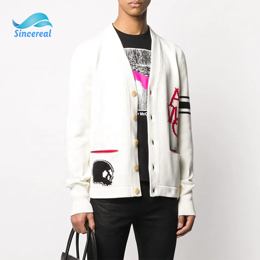 OEM V-Neck Knitted loose oversize Custom embroidery chenille letter patches knitwear sweater letter man cardigans for men