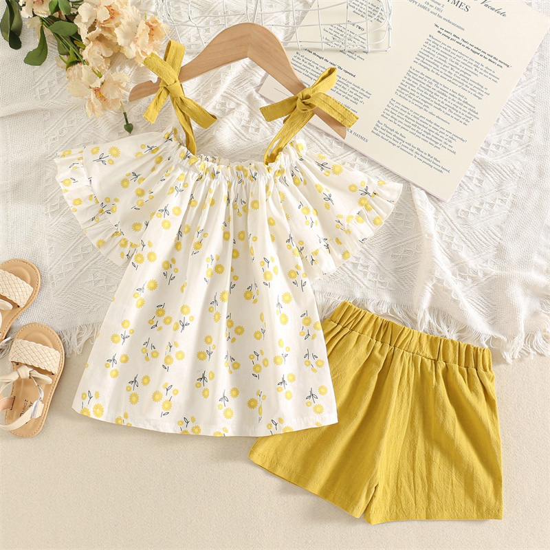 Summer Fashion Shorts Kids Small Fresh Crushed Flower Girls Suspender Strapless T-Shirt Tops Outfits Clothes Set 1-6Y