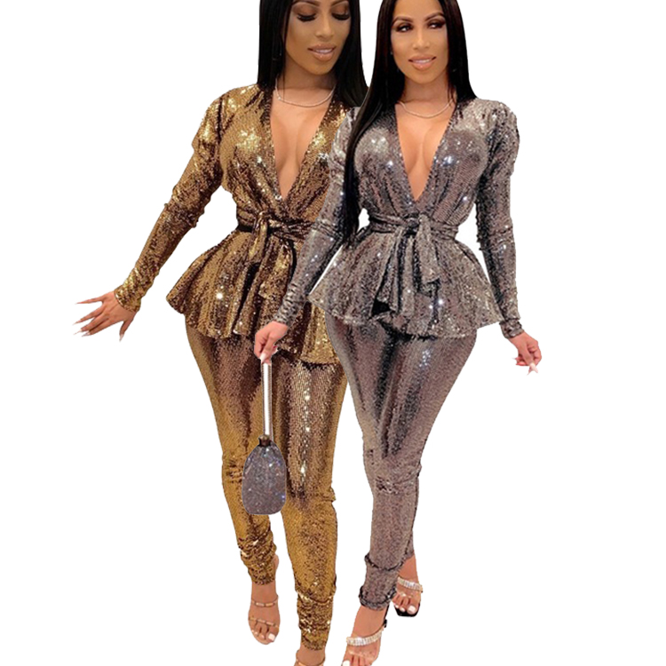 clothing factory custom women clothing two piece sets suit long sleeve sequined top pants set bodycon women two piece set