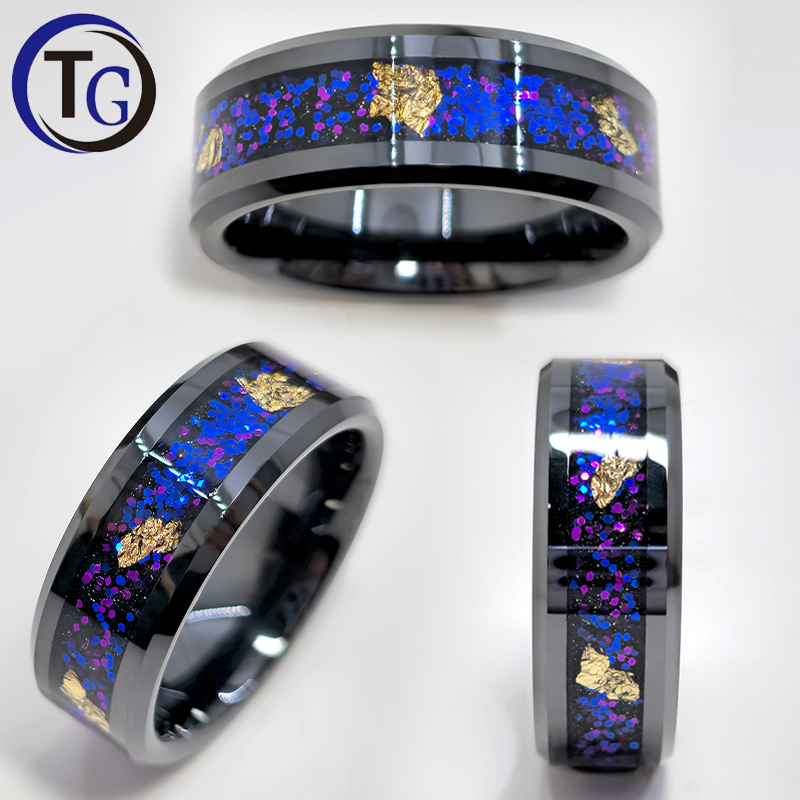 Fashion Jewelry 8mm Men's Women's Black Tungsten Carbide Wedding Band with Meteorite and Purple Blue Foil Inlay