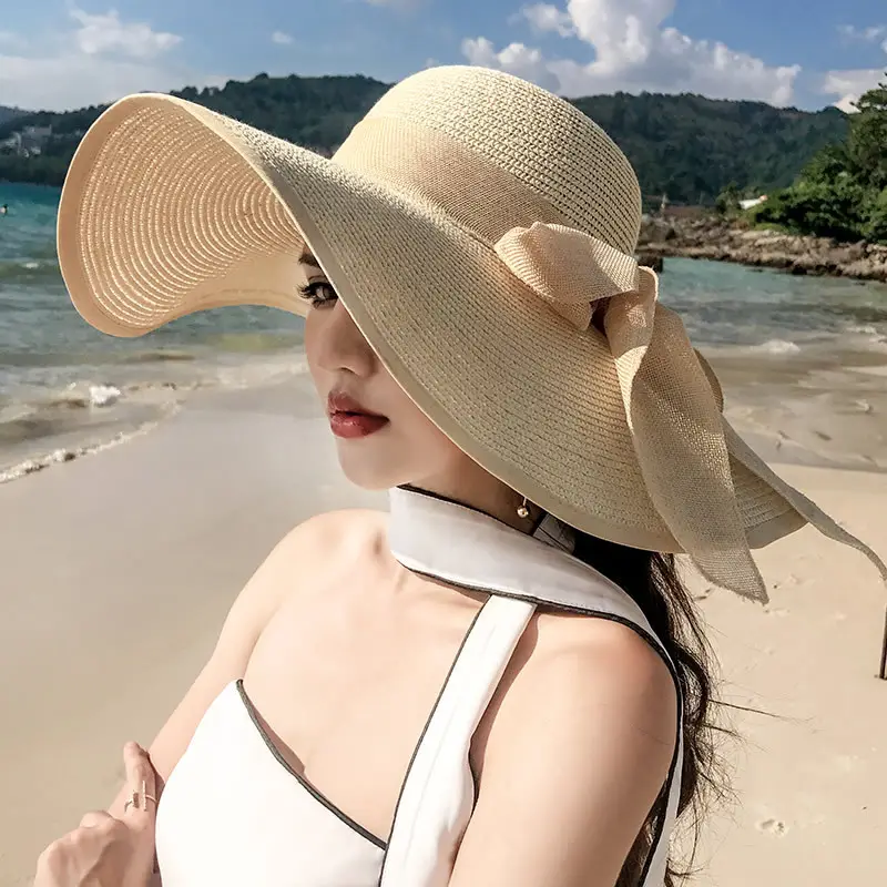 Bohemian Style Plain Ladies Wide Brim Foldable Beach Sun Hat Bowknot Summer Straw Hat Women