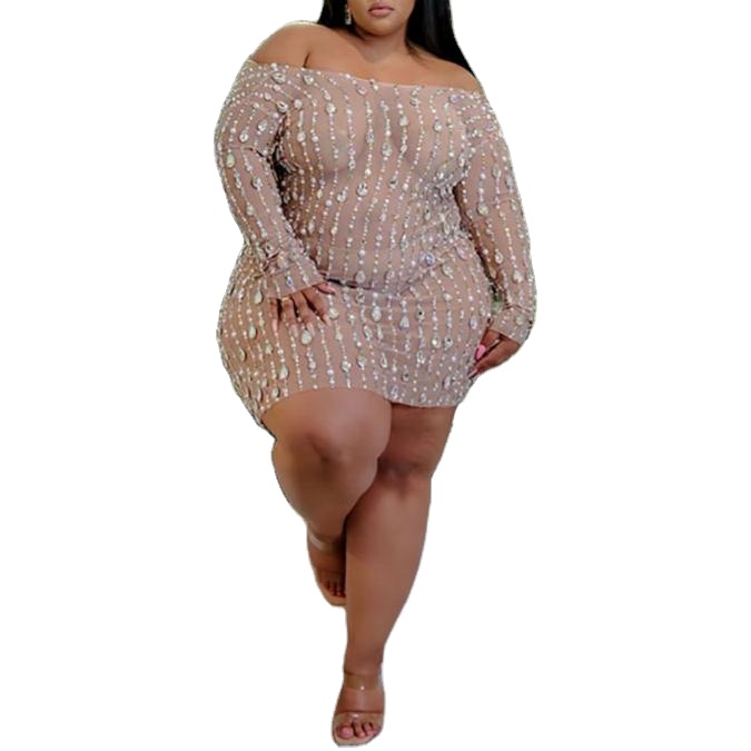 Good Quality Women Sexy Long Sleeve Dress Shine Bead Evening Dress Women Plus Size Dress For Lady