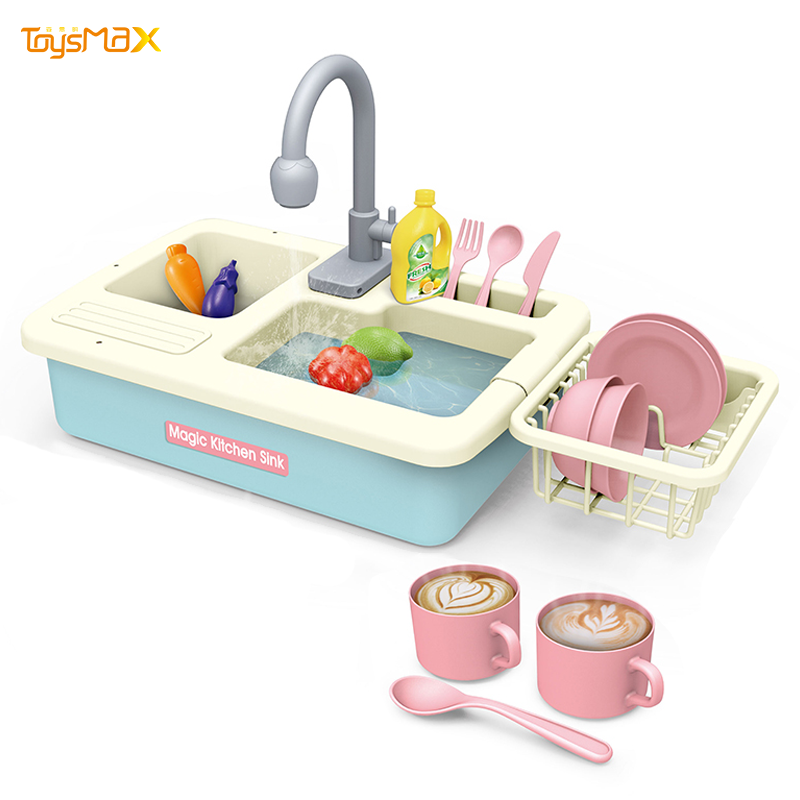 Happy Pretend Kitchen Sink Toys Set Electric Cyclic Water Rotatable Faucet Mini Cooking Toys Kids Kitchen Set Toys For Kids