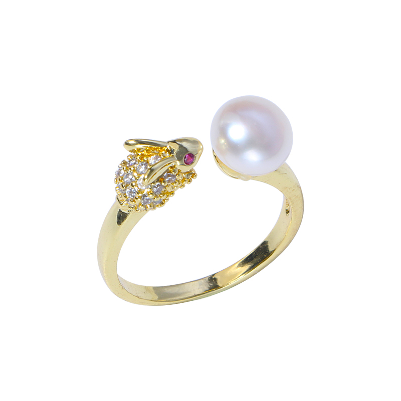 Fashion cute rabbit design 14K gold plated 7-8mm button pearl ring with cheap price