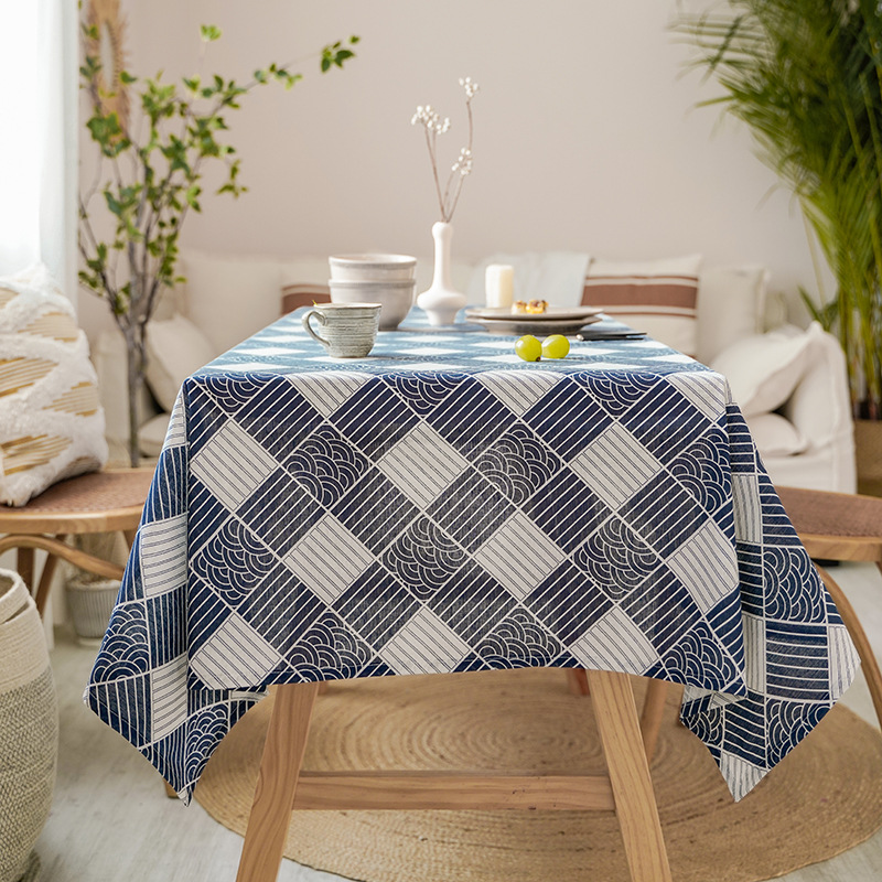 Japanese style blue wave shell lattice printed pure cotton tablecloth runner for dinner table decorative