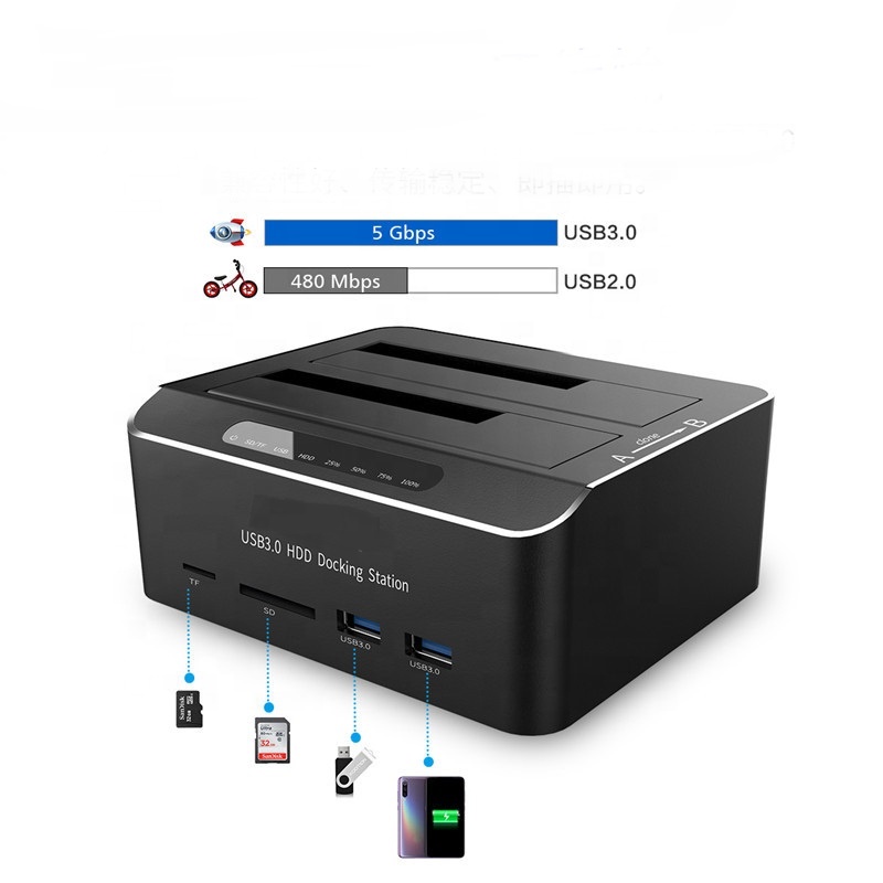 USB 3,0 на SATA двойной корпус внешнего жесткого диска с SD устройство для считывания с tf-карт для 2,5 & 3,5 дюйма Жесткий диск SSD