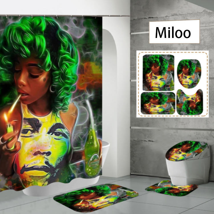 Bathroom 4 piece set with custom printed African American girl waterproof shower curtain