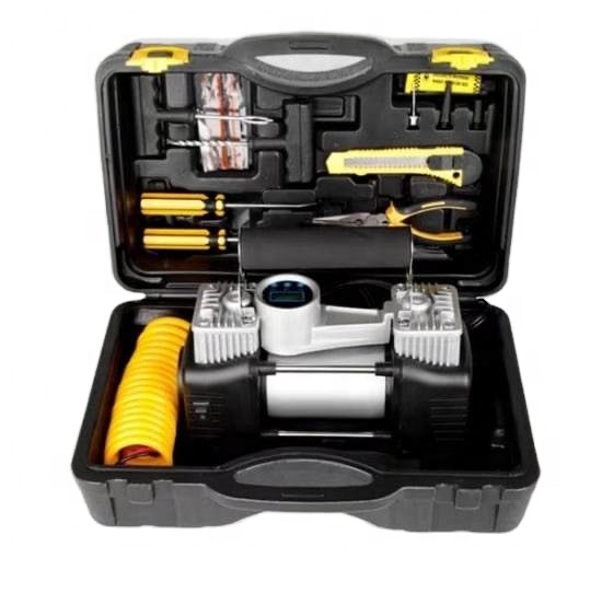 12V Car Tyre Inflator Double Cylinder Air Compressor Pump Kit With Tool Box