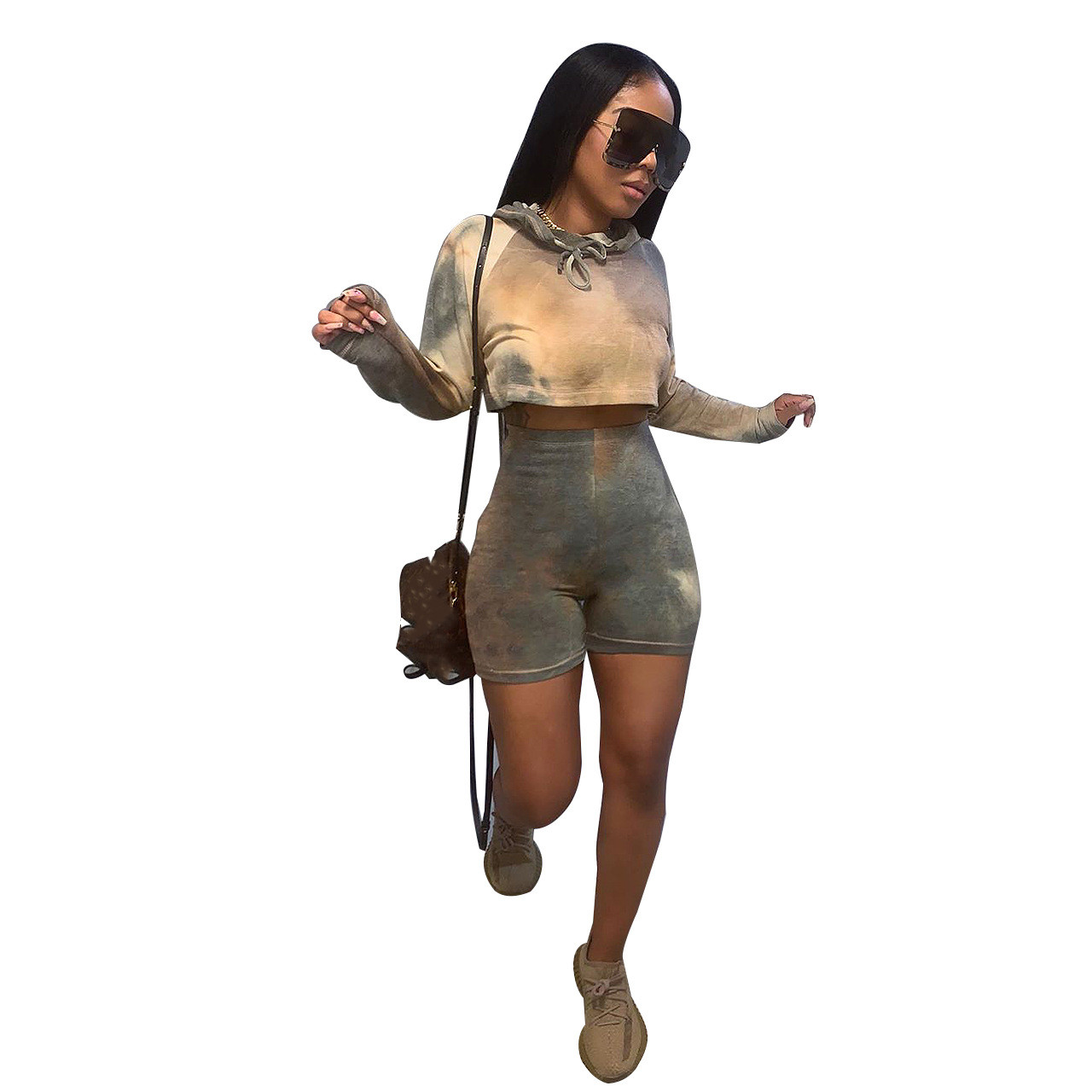 Custom logo women fall long sleeve crop top plus size sweatsuit tie dye printing hoodie two piece shorts set clothing
