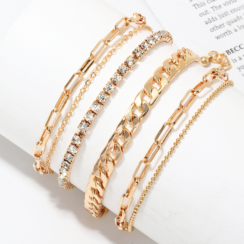 Metal Thick chain Anklet Set of 4 Pcs Dubai Gold Plated Jewelry Cubic Diamond Tennis Chain Ankle Bracelets w/ Cuban Link Chain