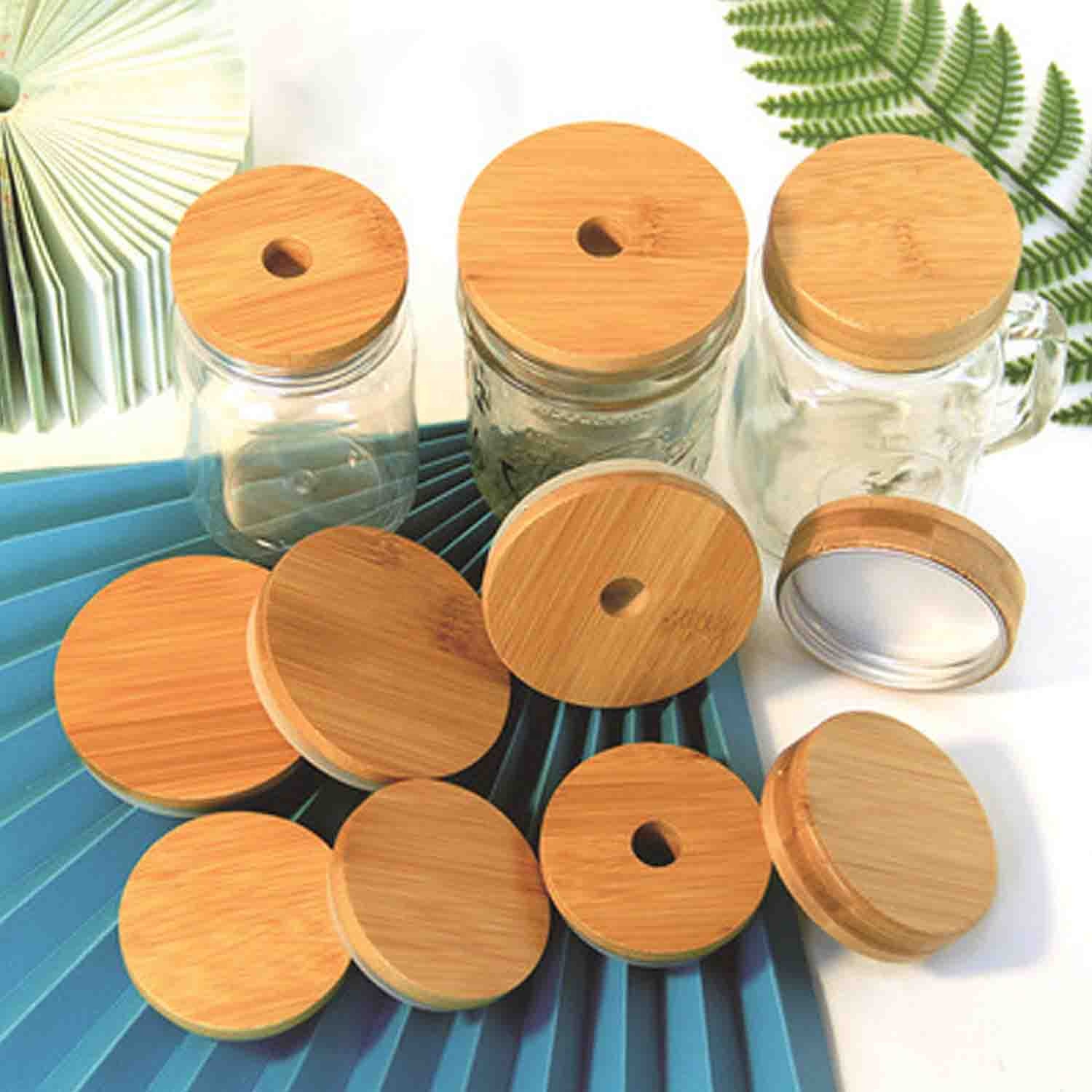 Eco friendly reusable Bamboo wooden tea coffee Cup Cover 70mm size lids with straw hole