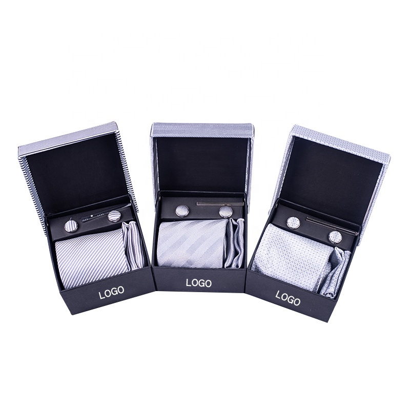 new arrival mens 5 pcs 100% polyester necktie handkerchief cufflink tie clip bar gift set with box