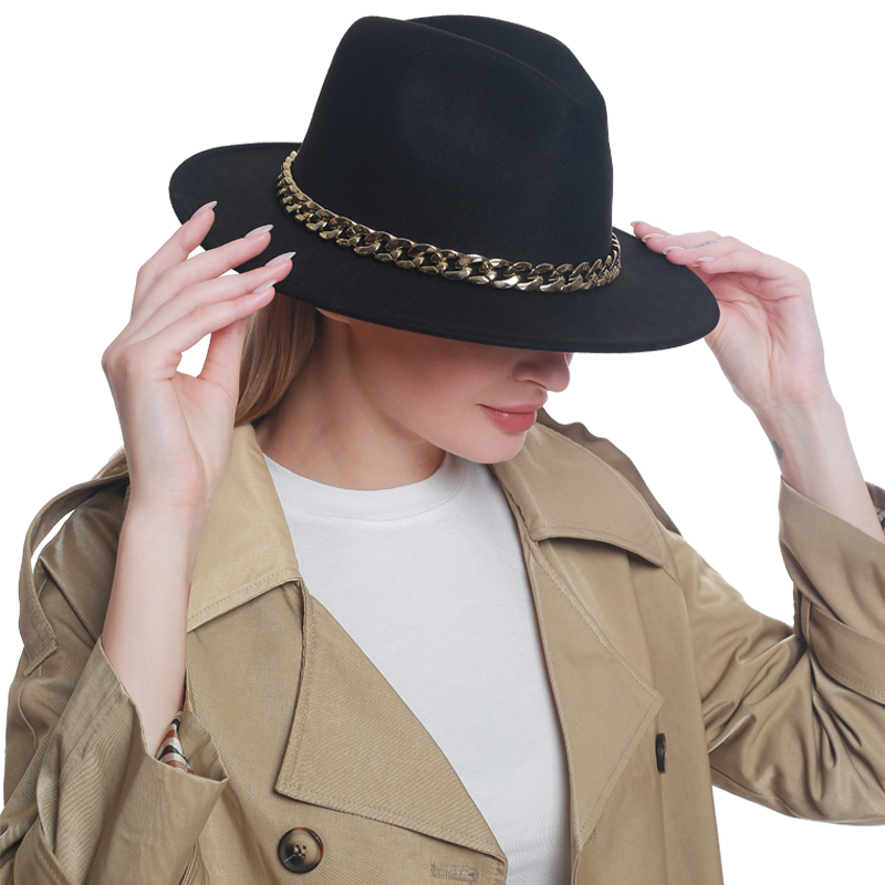 Wholesale Winter Elegant Lady Wide Brim Felt Hat Women Fedora Leopard Hat Wide Brim Wool Jazz Fedora Hats With Chain
