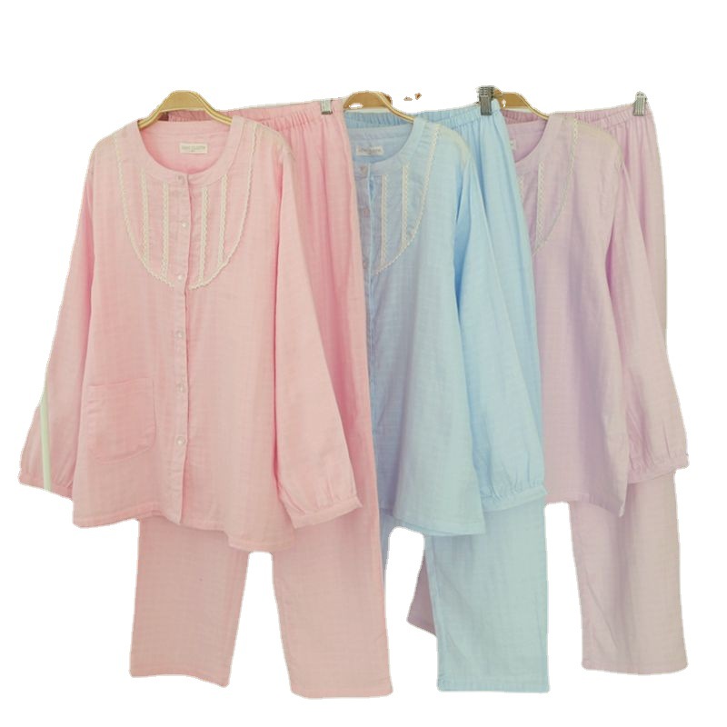 New cotton pajamas women's round neck dot double-layer gauze long sleeve home clothes set wholesale