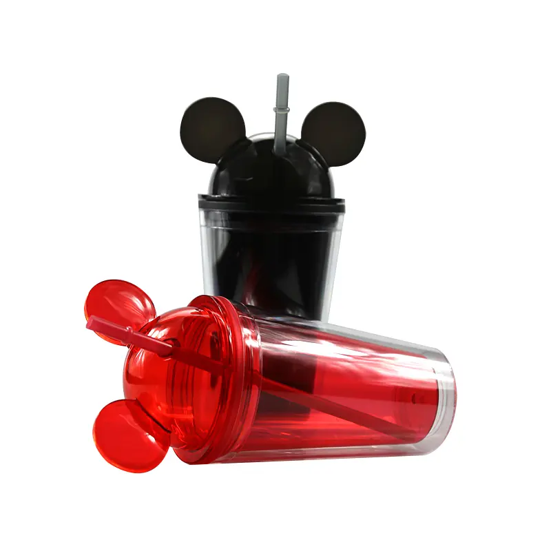 16oz Mickey Mouse Tumbler Acrylic Plastic Clear Cups Mouse Ear Sheap Lids Water Bottle with Lids and Straw