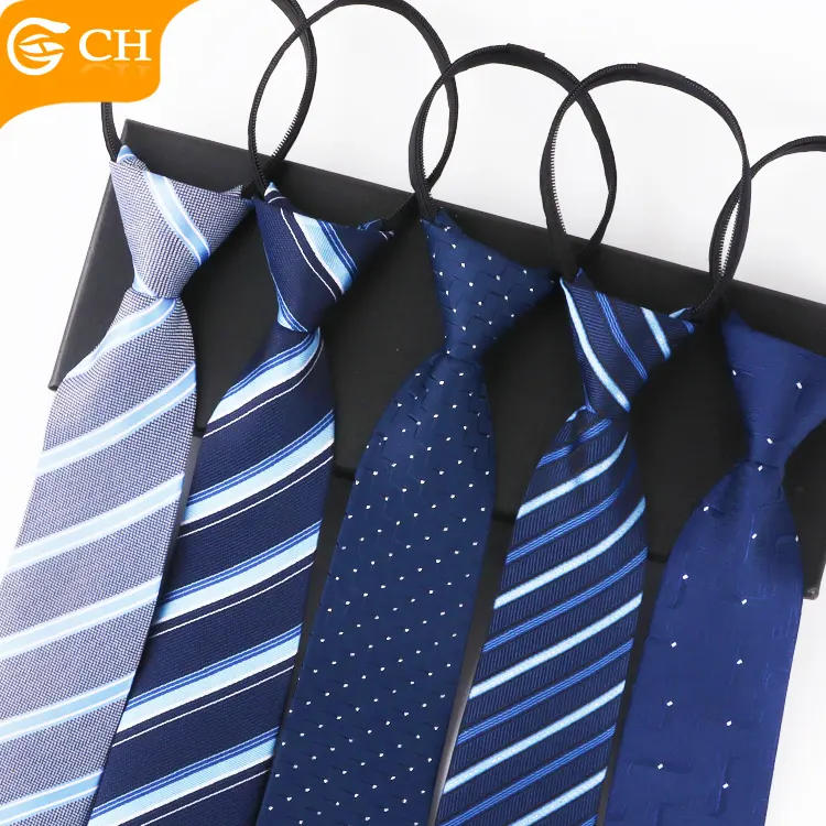 OEM ODM Business Wedding Accessories Daily Wear Ties With Ring Mens Easy Pull Neckties Custom Strip Plain Polyester Zipper Ties